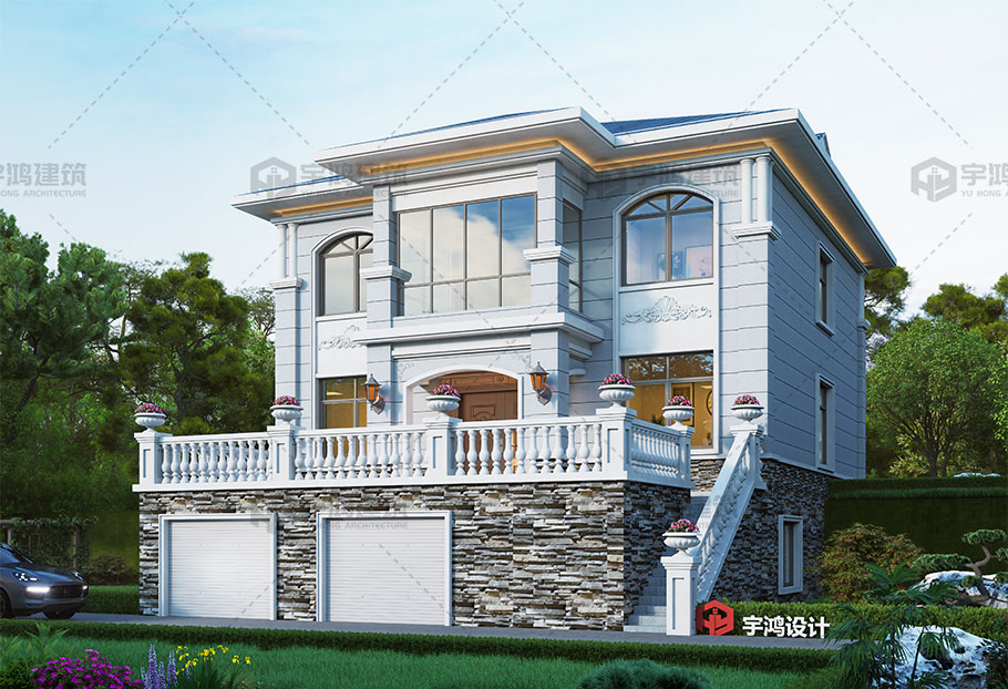 帶露臺帶車庫新中式三層別墅設計圖紙