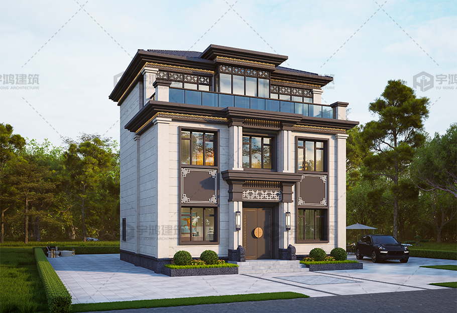 開(kāi)間進(jìn)深9.66*9.85新中式三層別墅全套圖紙